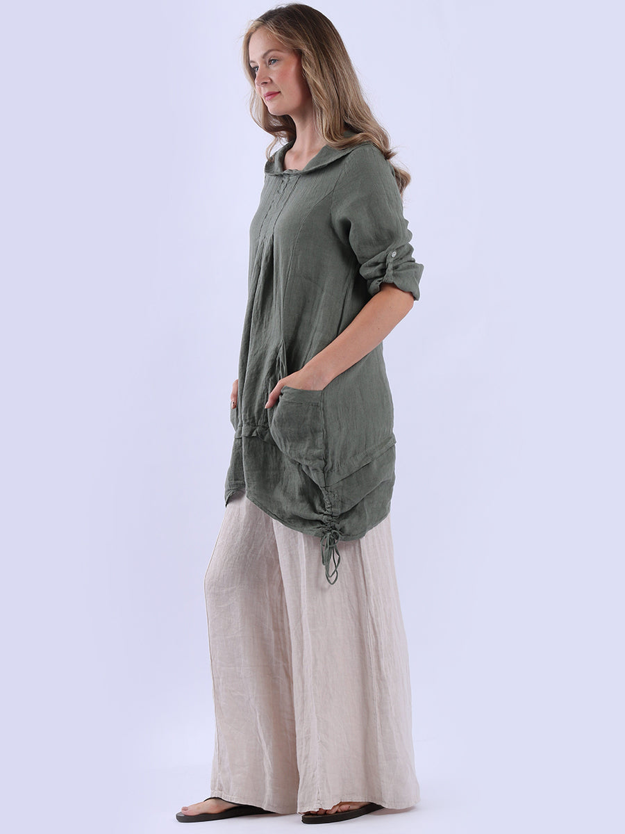 Button Up Sleeves Gathered Hem Linen Top