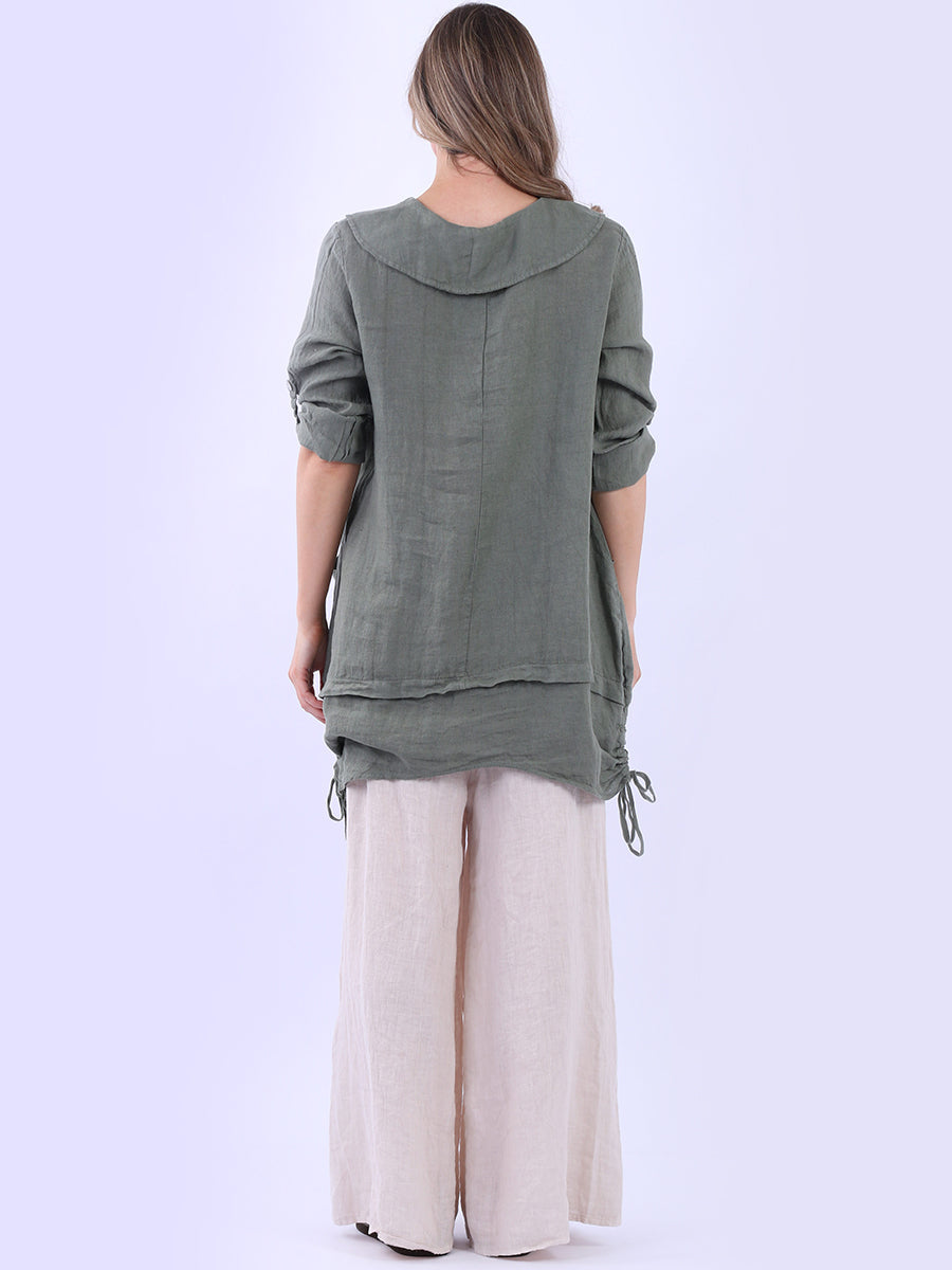 Button Up Sleeves Gathered Hem Linen Top
