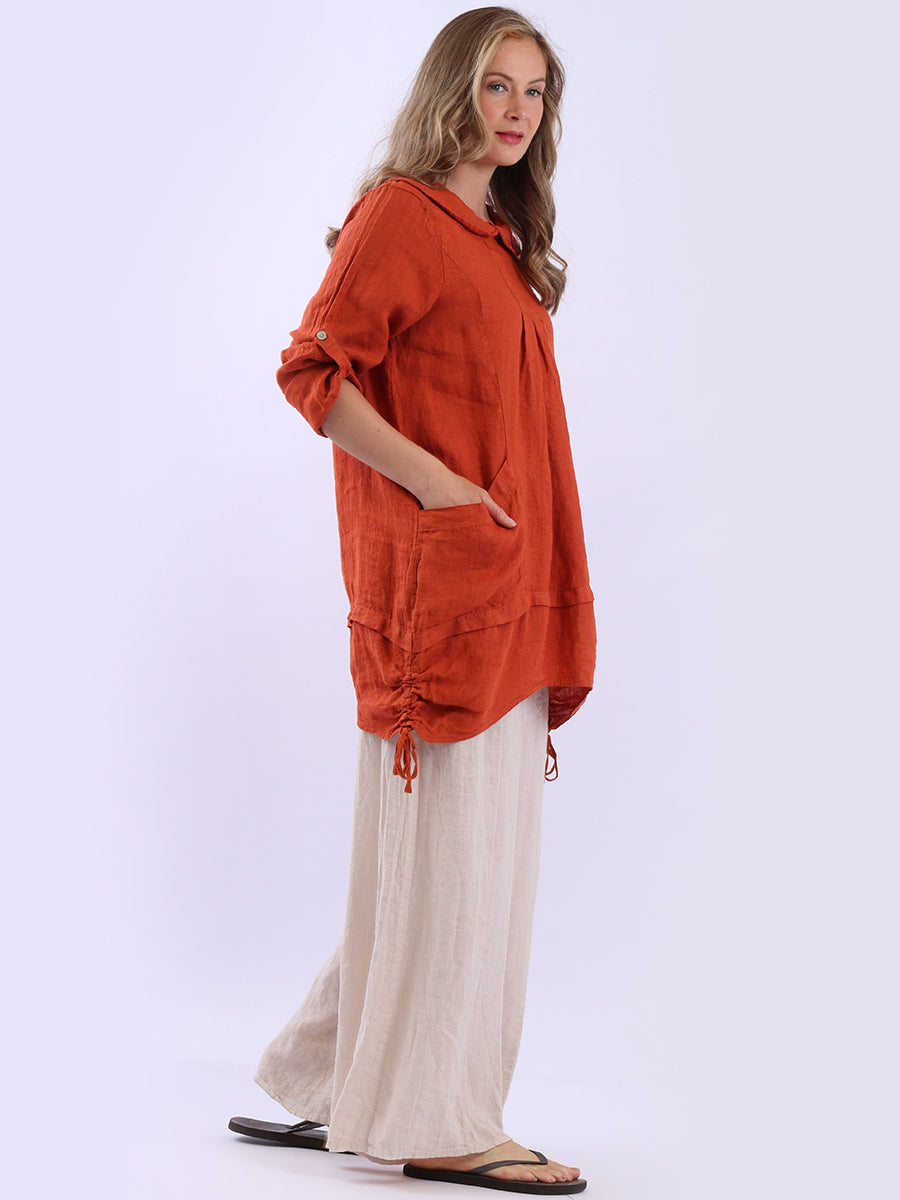 Button Up Sleeves Gathered Hem Linen Top