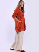 Button Up Sleeves Gathered Hem Linen Top