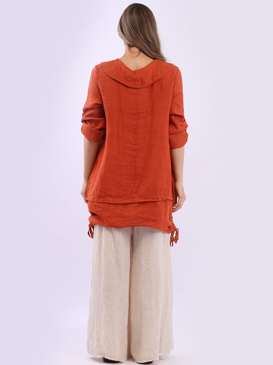 Button Up Sleeves Gathered Hem Linen Top