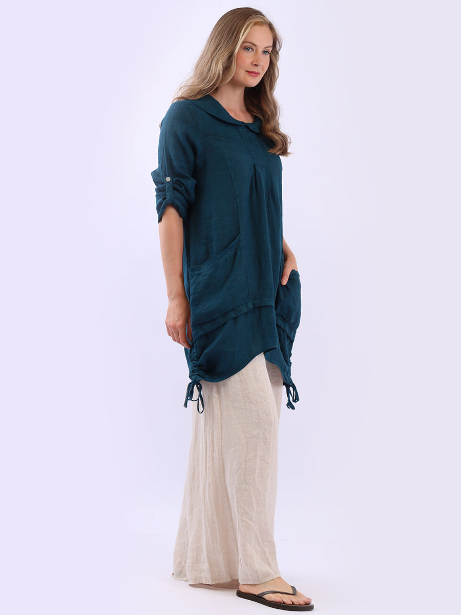 Button Up Sleeves Gathered Hem Linen Top