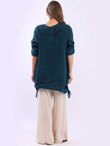Button Up Sleeves Gathered Hem Linen Top
