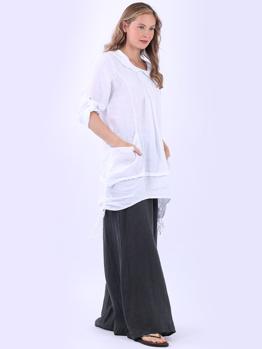 Button Up Sleeves Gathered Hem Linen Top