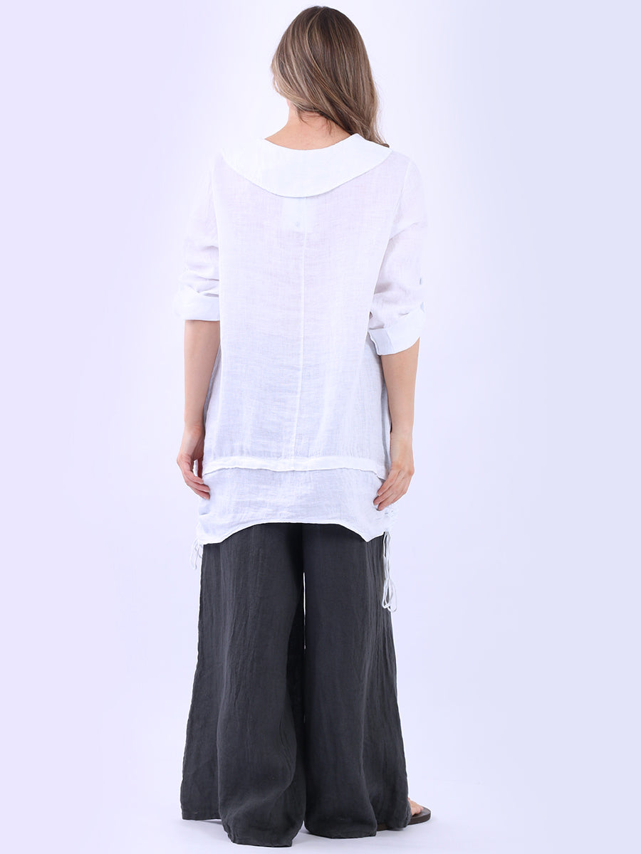 Button Up Sleeves Gathered Hem Linen Top