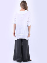 Button Up Sleeves Gathered Hem Linen Top