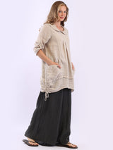 Button Up Sleeves Gathered Hem Linen Top