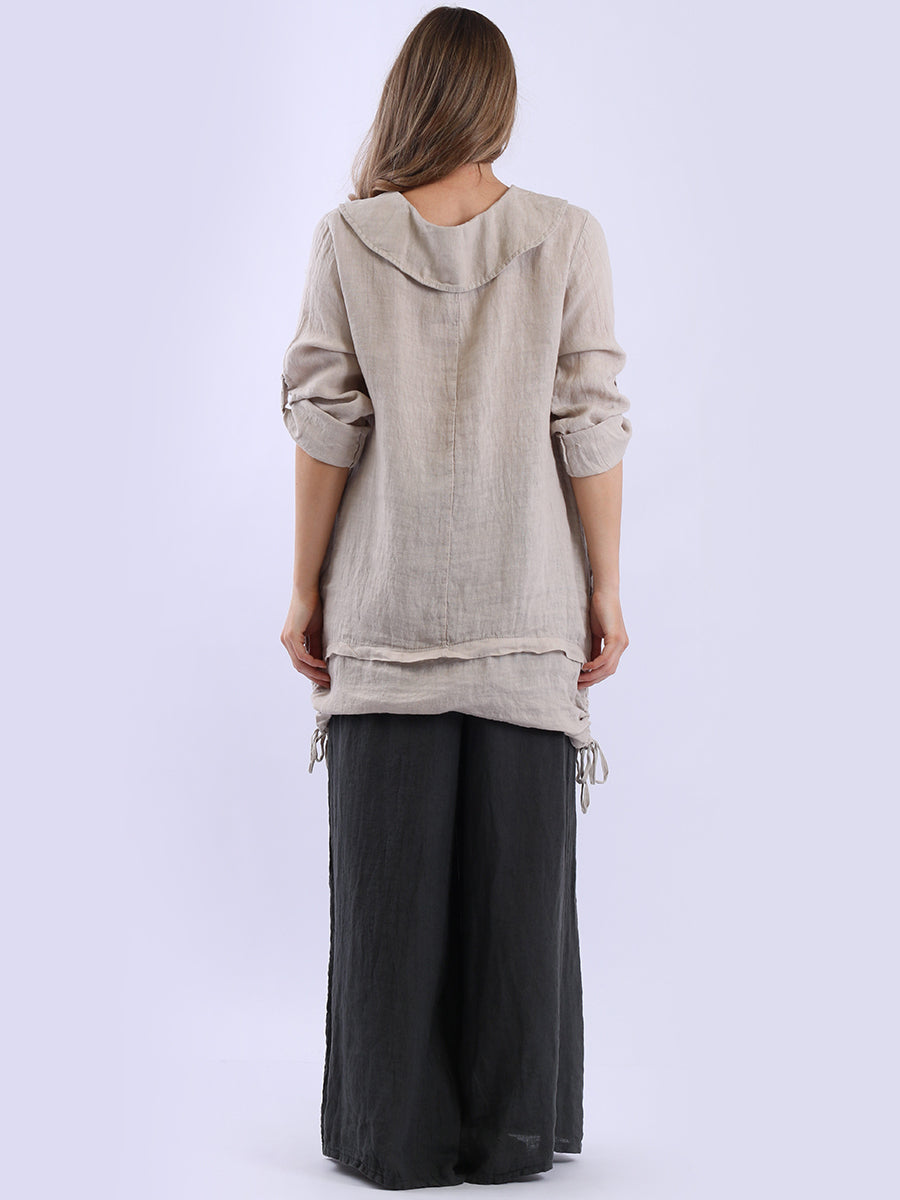 Button Up Sleeves Gathered Hem Linen Top