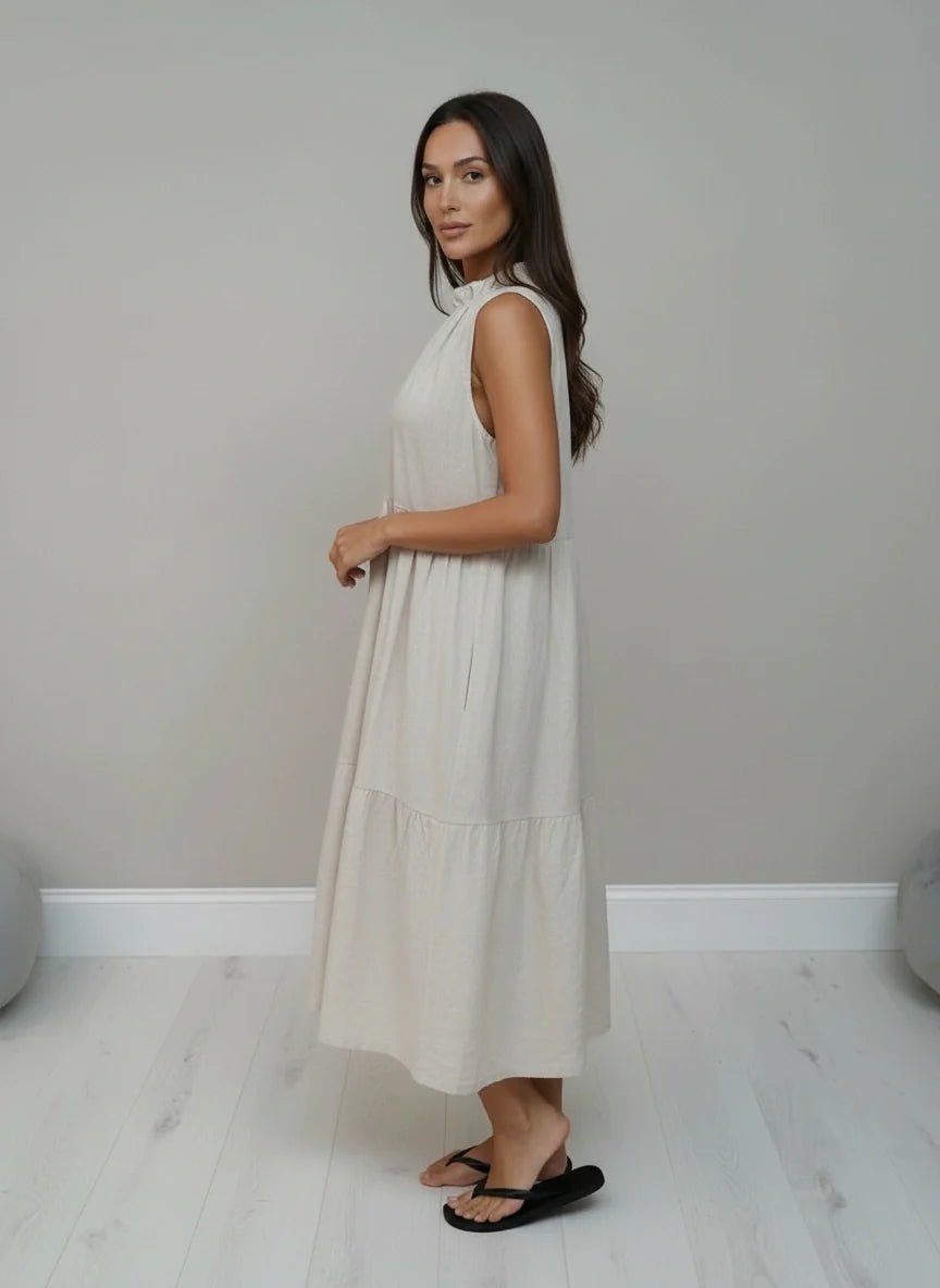 Ruched Neck Linen Tired Tank Dress