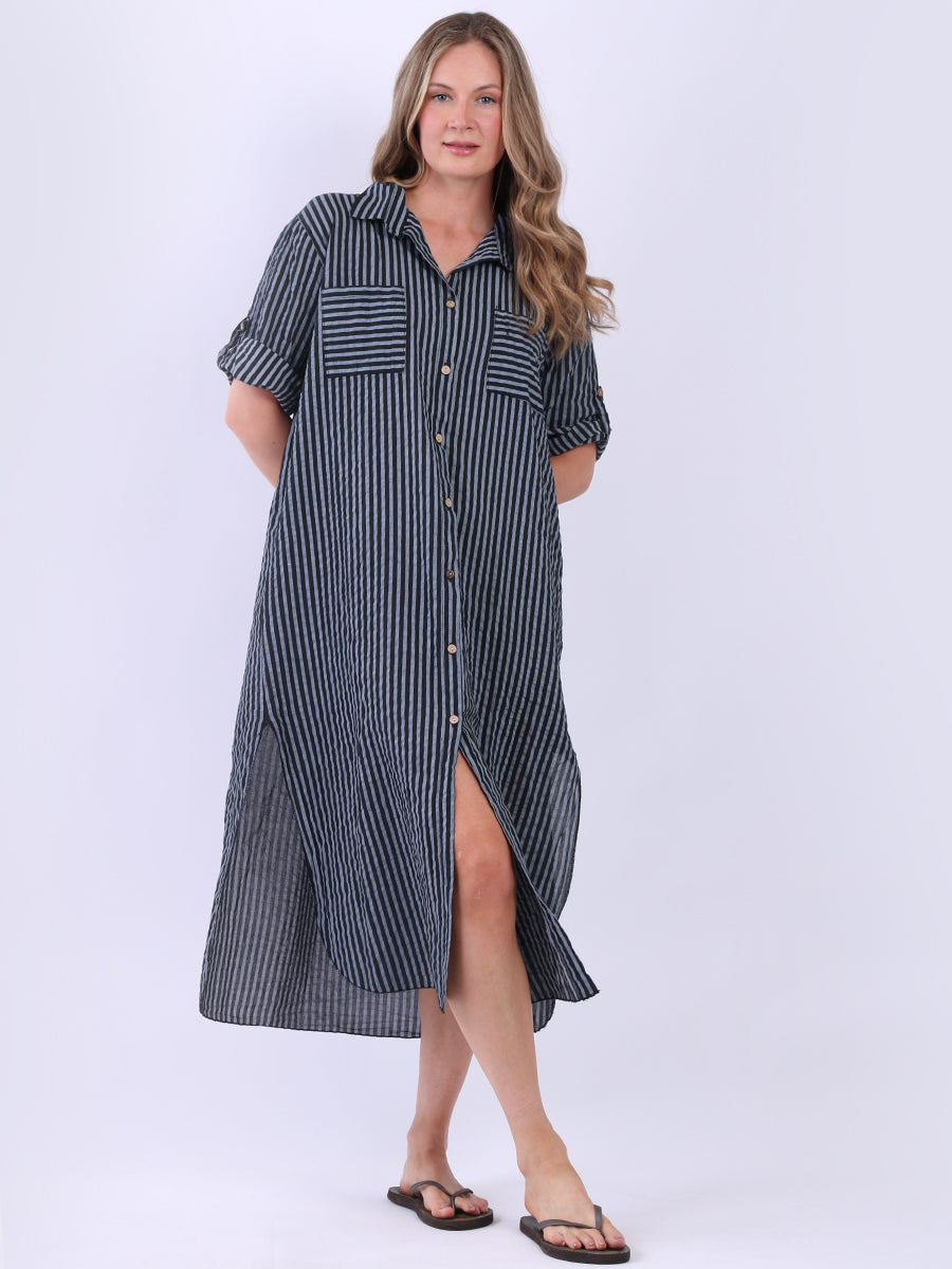 Plus Size Cotton Button Down Stripy Shirt Dress Yayavoo UK