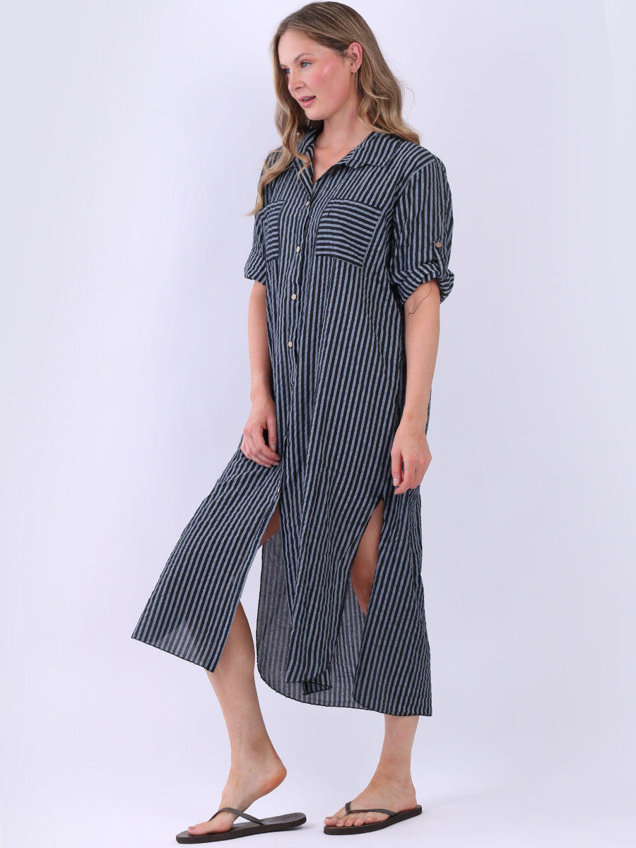 Plus Size Cotton Button Down Stripy Shirt Dress