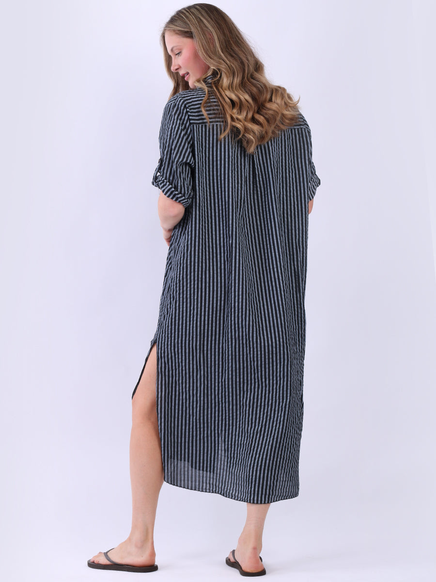 Plus Size Cotton Button Down Stripy Shirt Dress