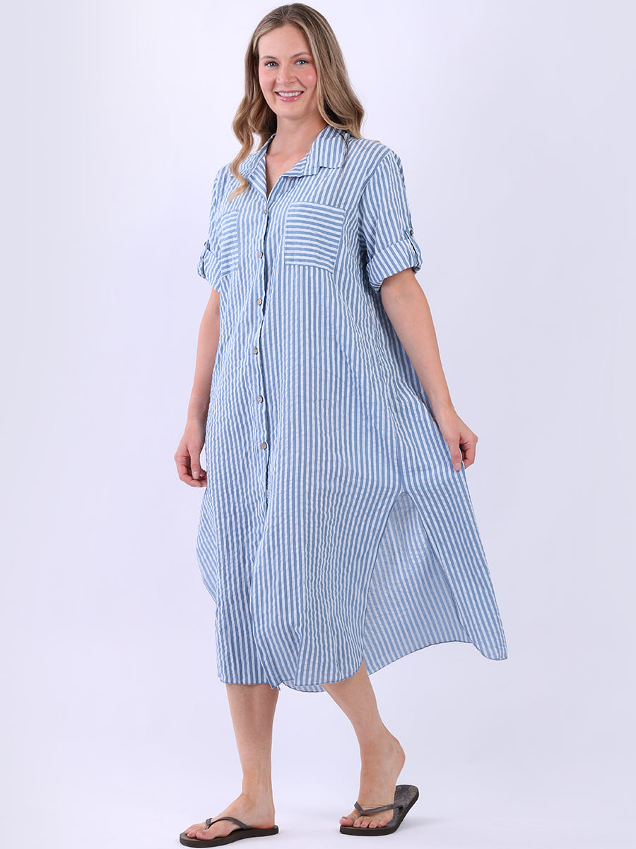 Plus Size Cotton Button Down Stripy Shirt Dress