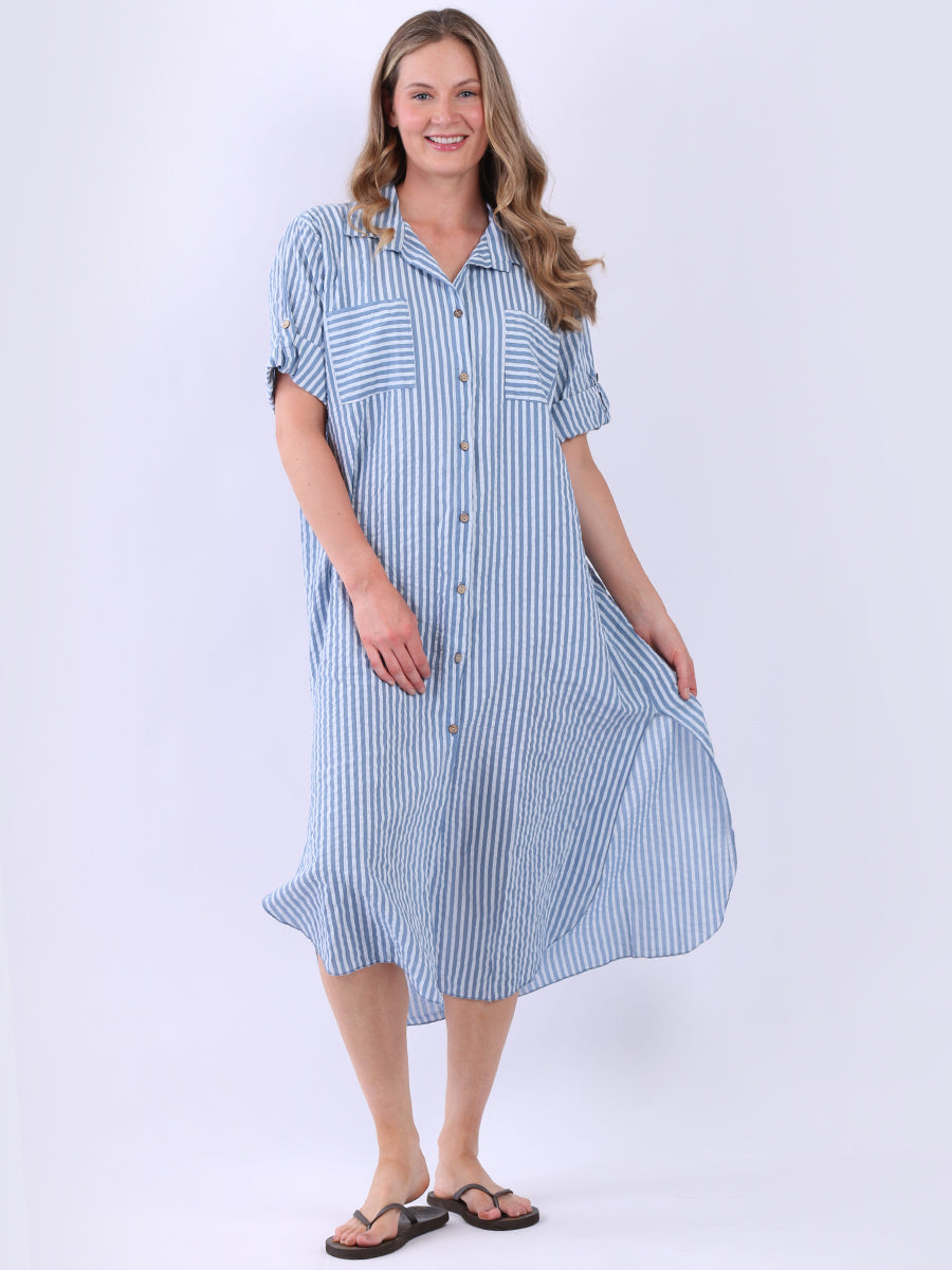 Plus Size Cotton Button Down Stripy Shirt Dress