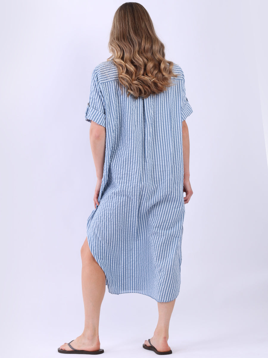 Plus Size Cotton Button Down Stripy Shirt Dress