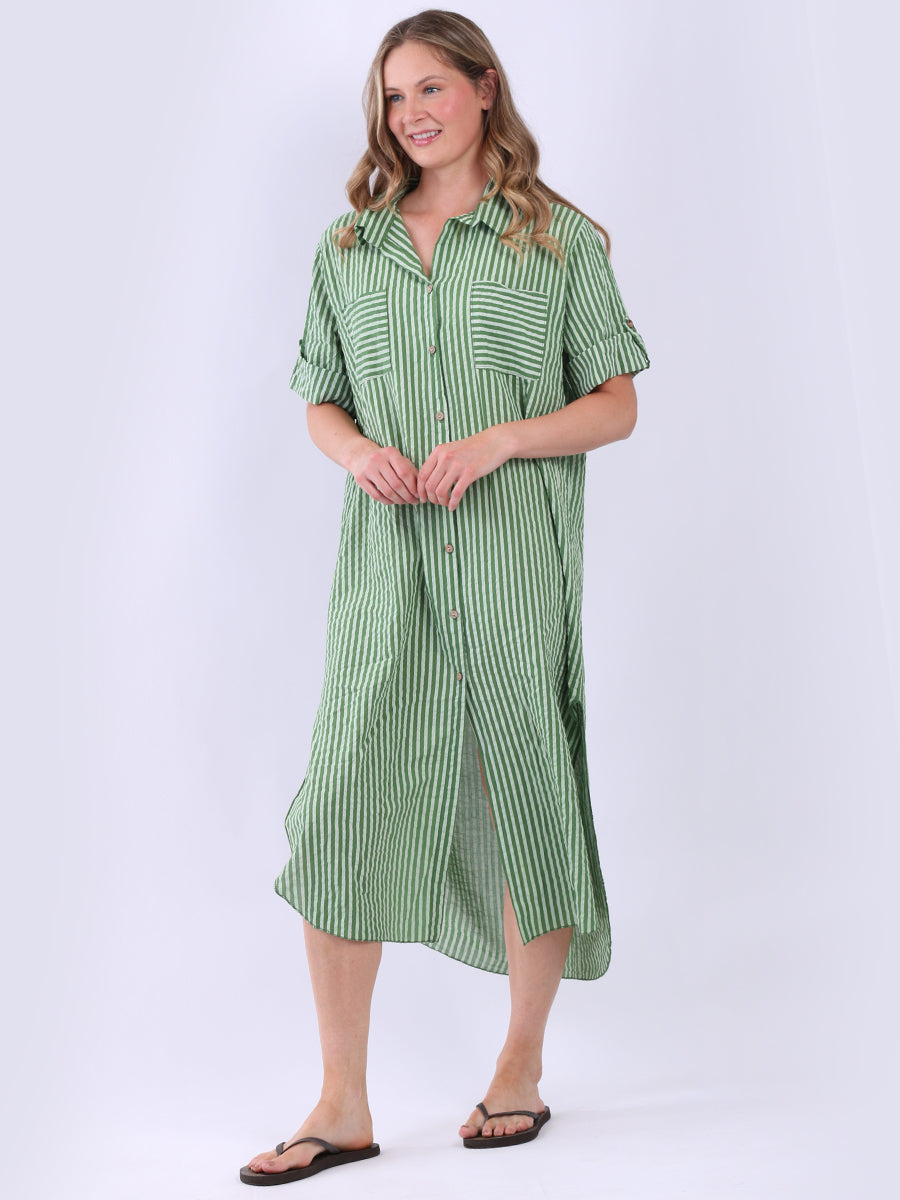 Plus Size Cotton Button Down Stripy Shirt Dress