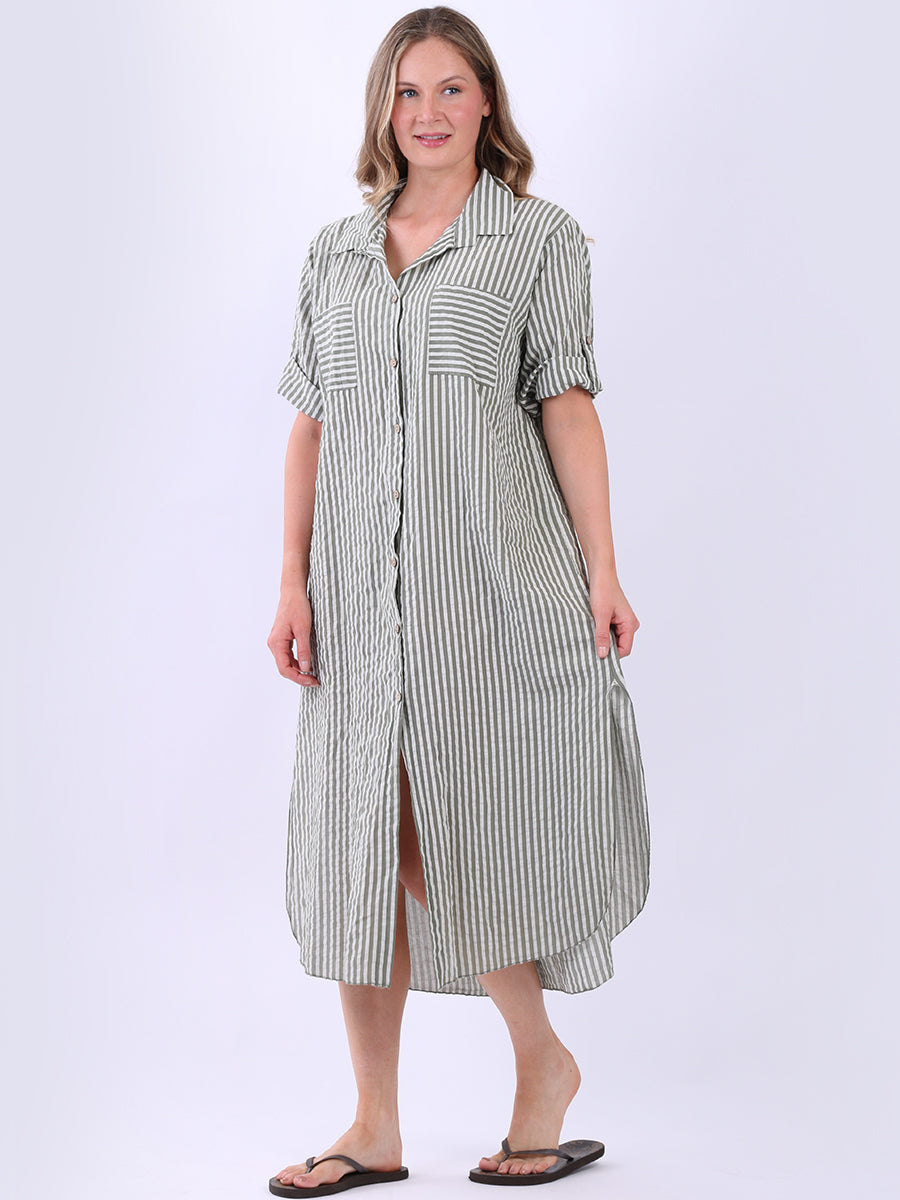 Plus Size Cotton Button Down Stripy Shirt Dress