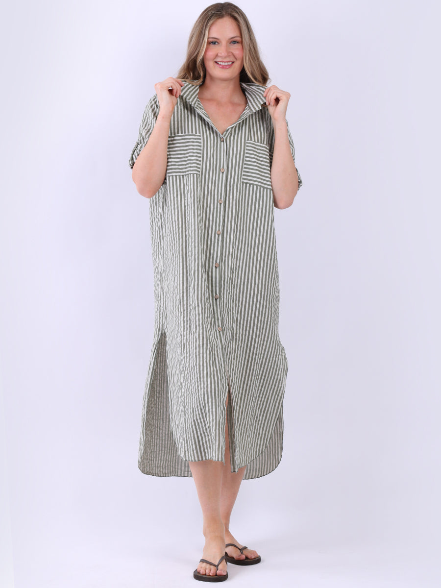 Plus Size Cotton Button Down Stripy Shirt Dress