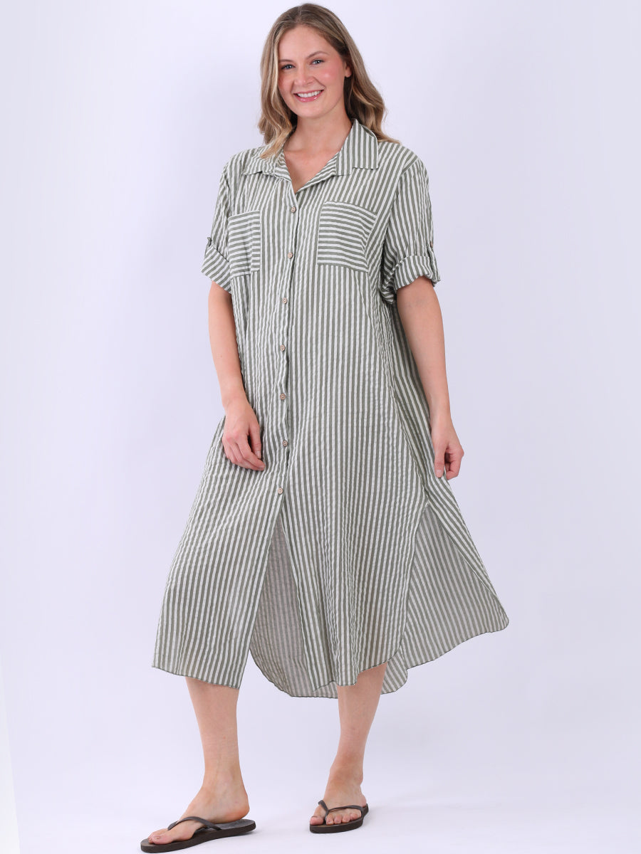 Plus Size Cotton Button Down Stripy Shirt Dress Yayavoo UK