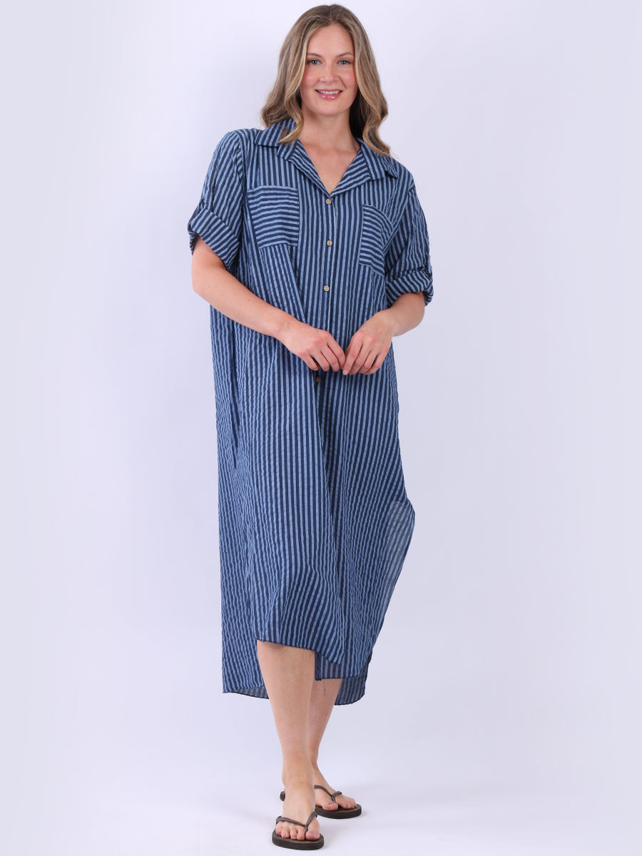 Plus Size Cotton Button Down Stripy Shirt Dress