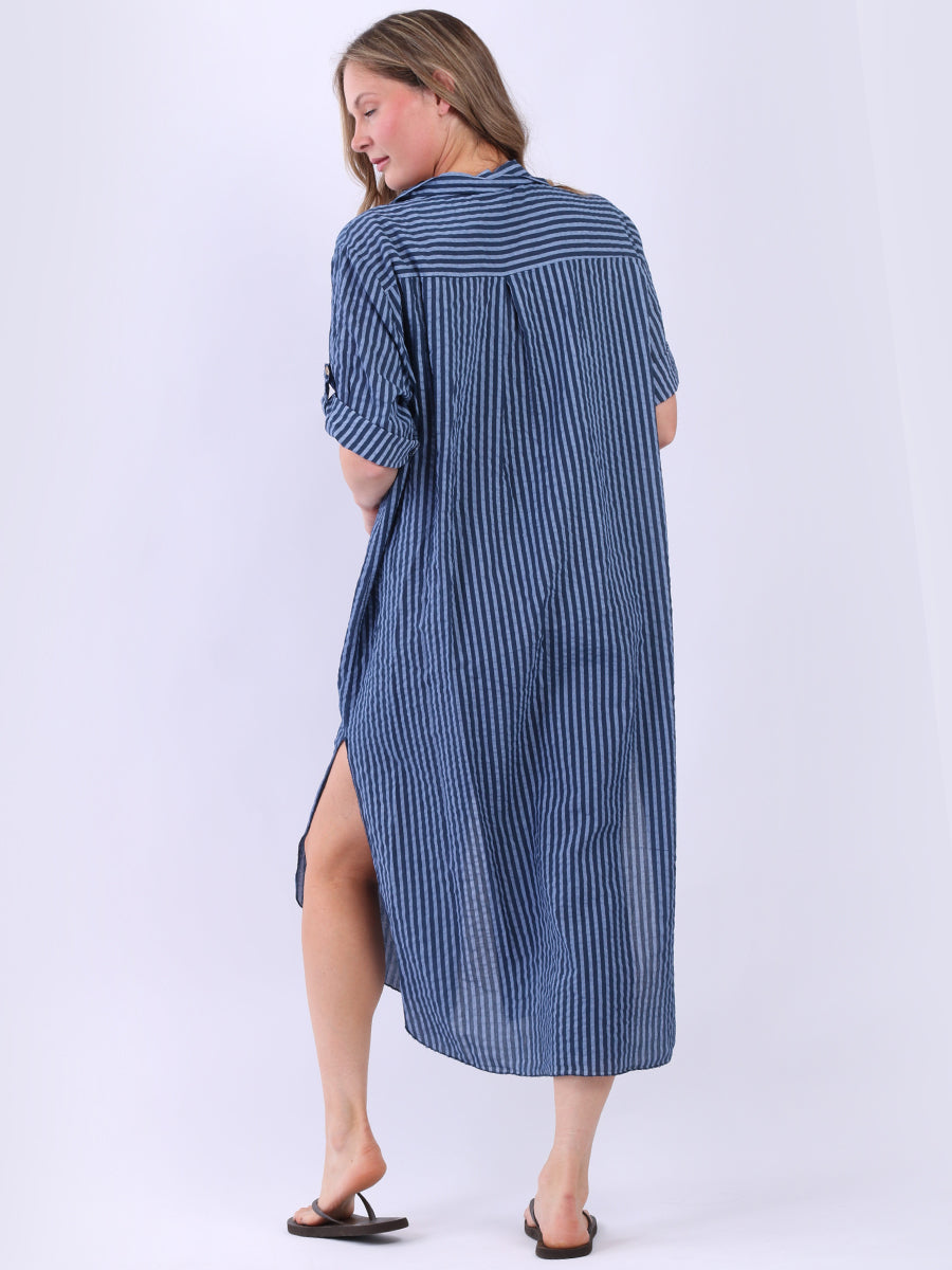 Plus Size Cotton Button Down Stripy Shirt Dress