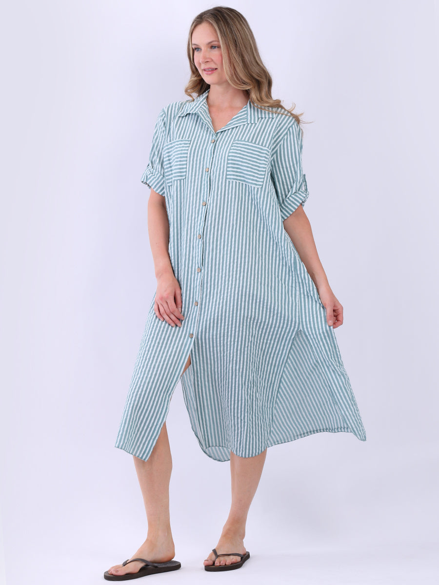 Plus Size Cotton Button Down Stripy Shirt Dress