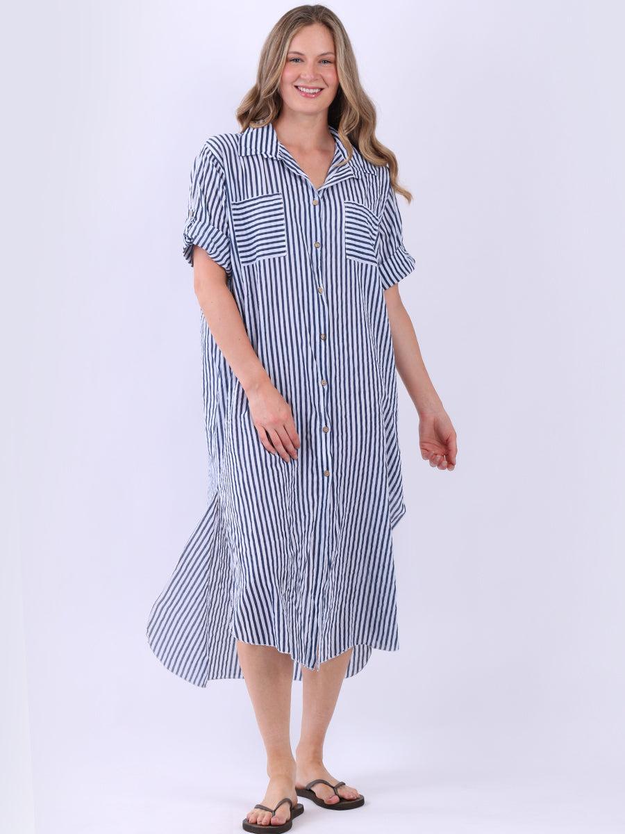 Plus Size Cotton Button Down Stripy Shirt Dress