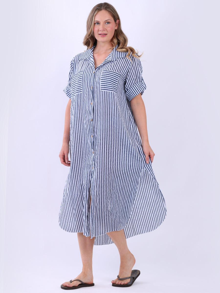 Plus Size Cotton Button Down Stripy Shirt Dress