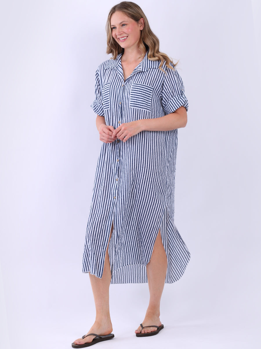 Plus Size Cotton Button Down Stripy Shirt Dress