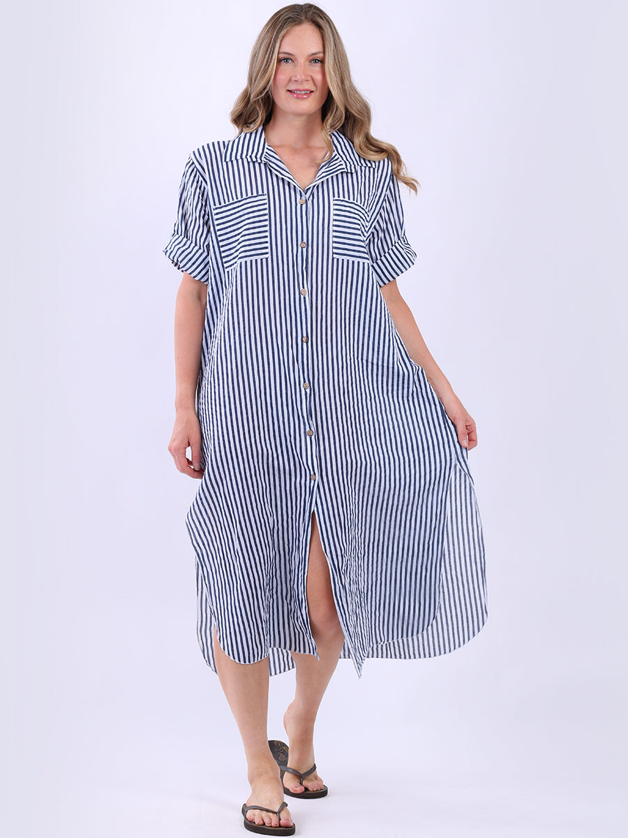 Plus Size Cotton Button Down Stripy Shirt Dress