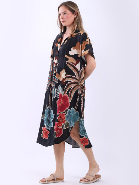 Oversized Digital Print Linen Shirt Dress