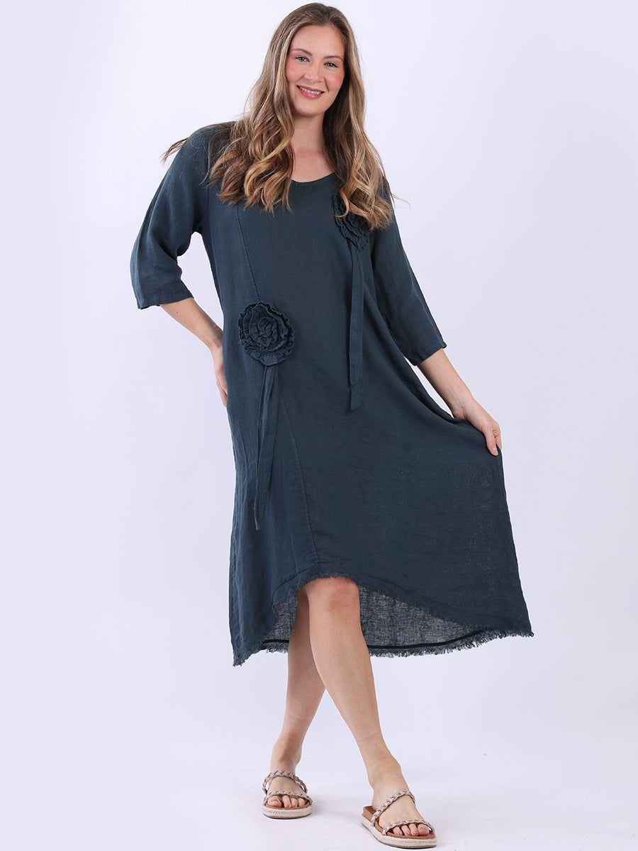 Oversized Solid Linen Applique Slouchy Dress