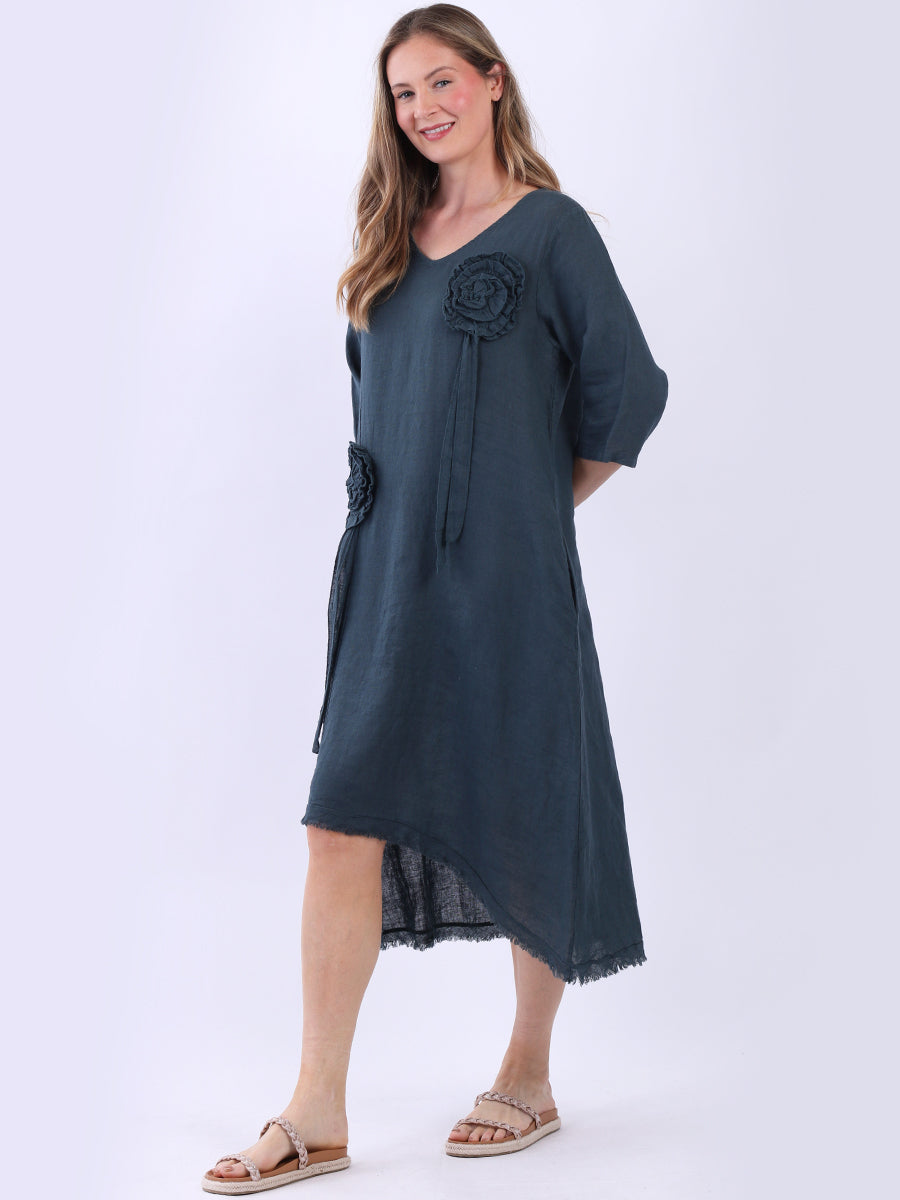 Oversized Solid Linen Applique Slouchy Dress