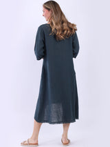 Oversized Solid Linen Applique Slouchy Dress