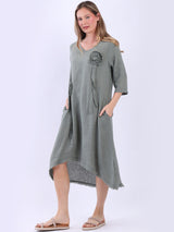 Oversized Solid Linen Applique Slouchy Dress