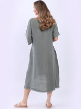 Oversized Solid Linen Applique Slouchy Dress