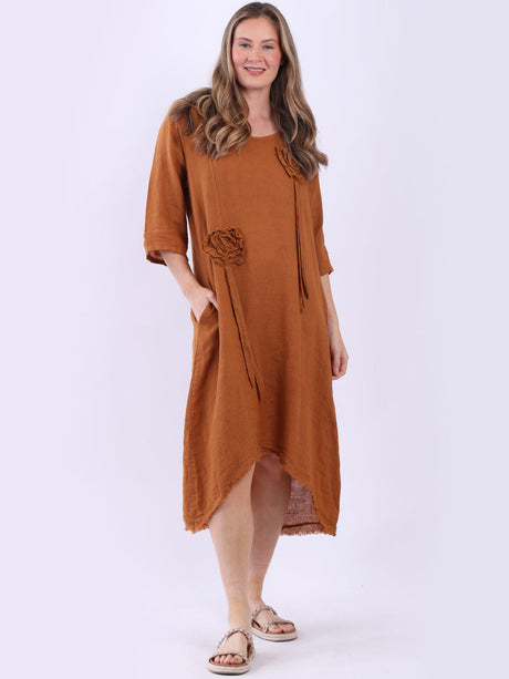 Oversized Solid Linen Applique Slouchy Dress