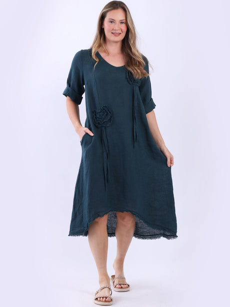 Oversized Solid Linen Applique Slouchy Dress