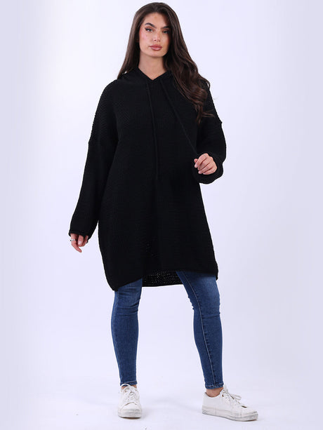 Oversized Drop Shoulder Solid Knit Hooded Jumper