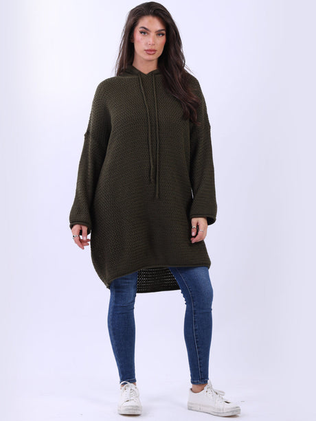 Oversized Drop Shoulder Solid Knit Hooded Jumper