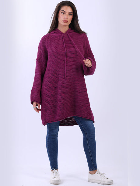 Oversized Drop Shoulder Solid Knit Hooded Jumper