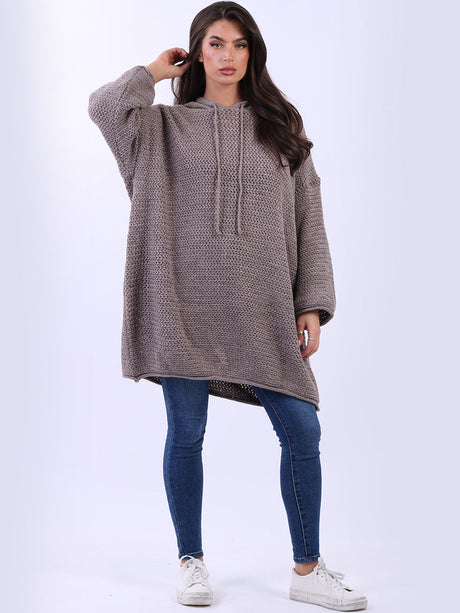 Oversized Drop Shoulder Solid Knit Hooded Jumper