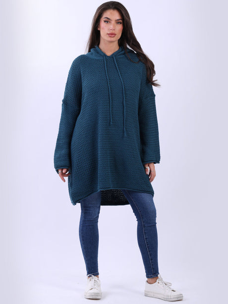 Oversized Drop Shoulder Solid Knit Hooded Jumper