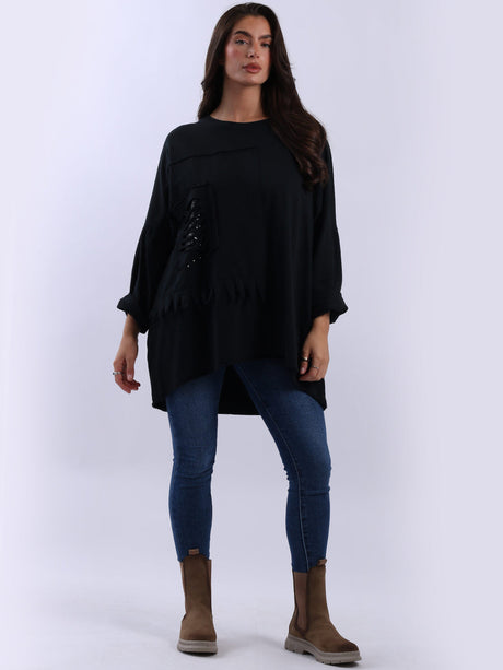 Sequin Ripped Batwing Cotton Oversized T-Shirt