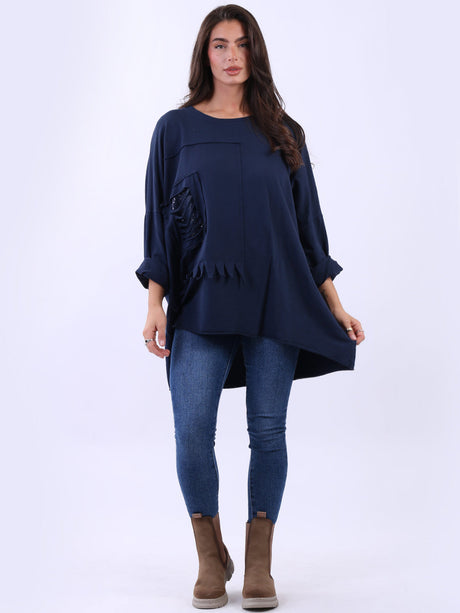 Sequin Ripped Batwing Cotton Oversized T-Shirt