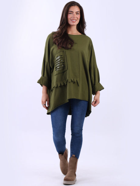 Sequin Ripped Batwing Cotton Oversized T-Shirt