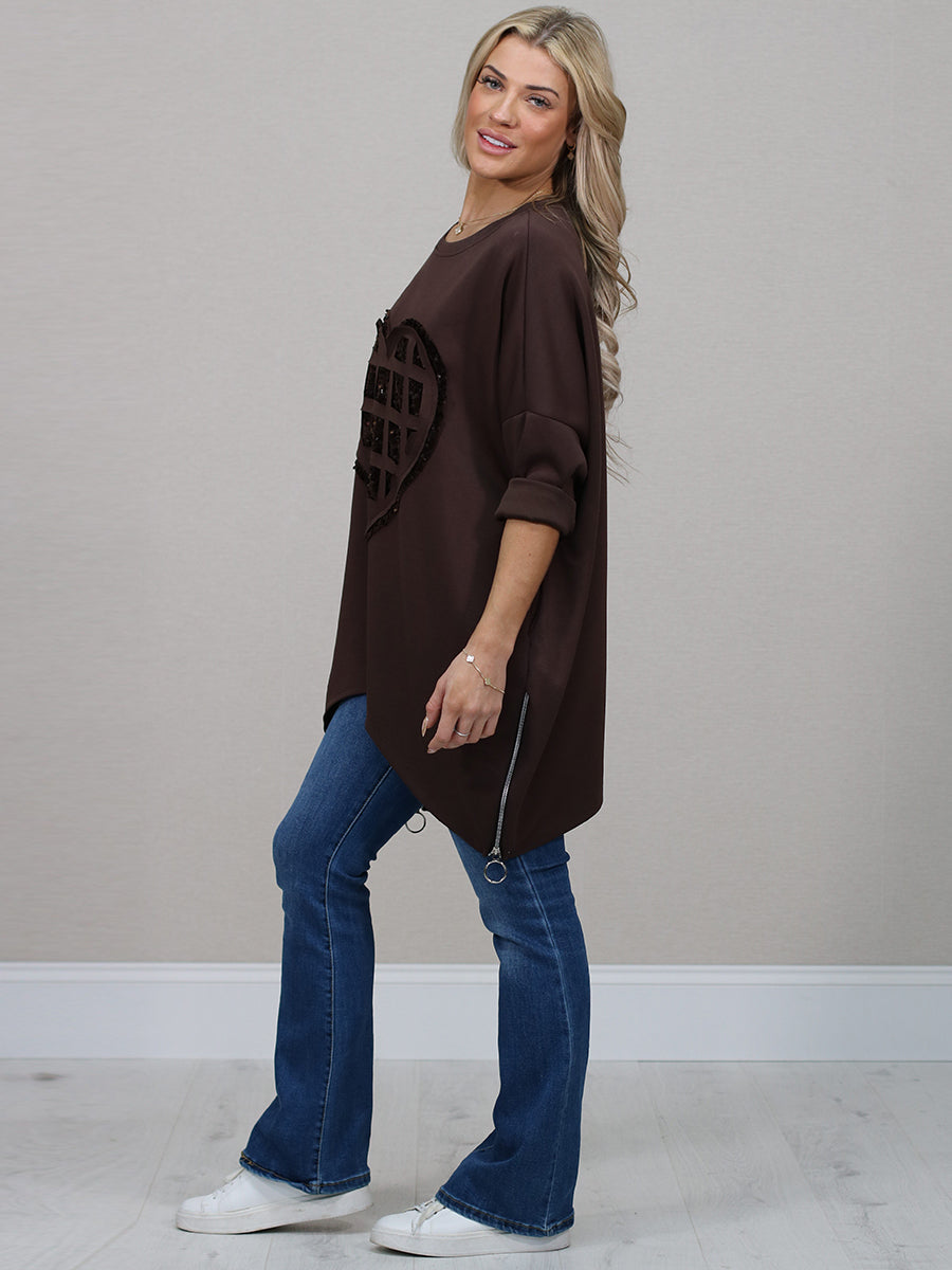 Sequin Ripped Heart Oversized Baggy T-Shirt