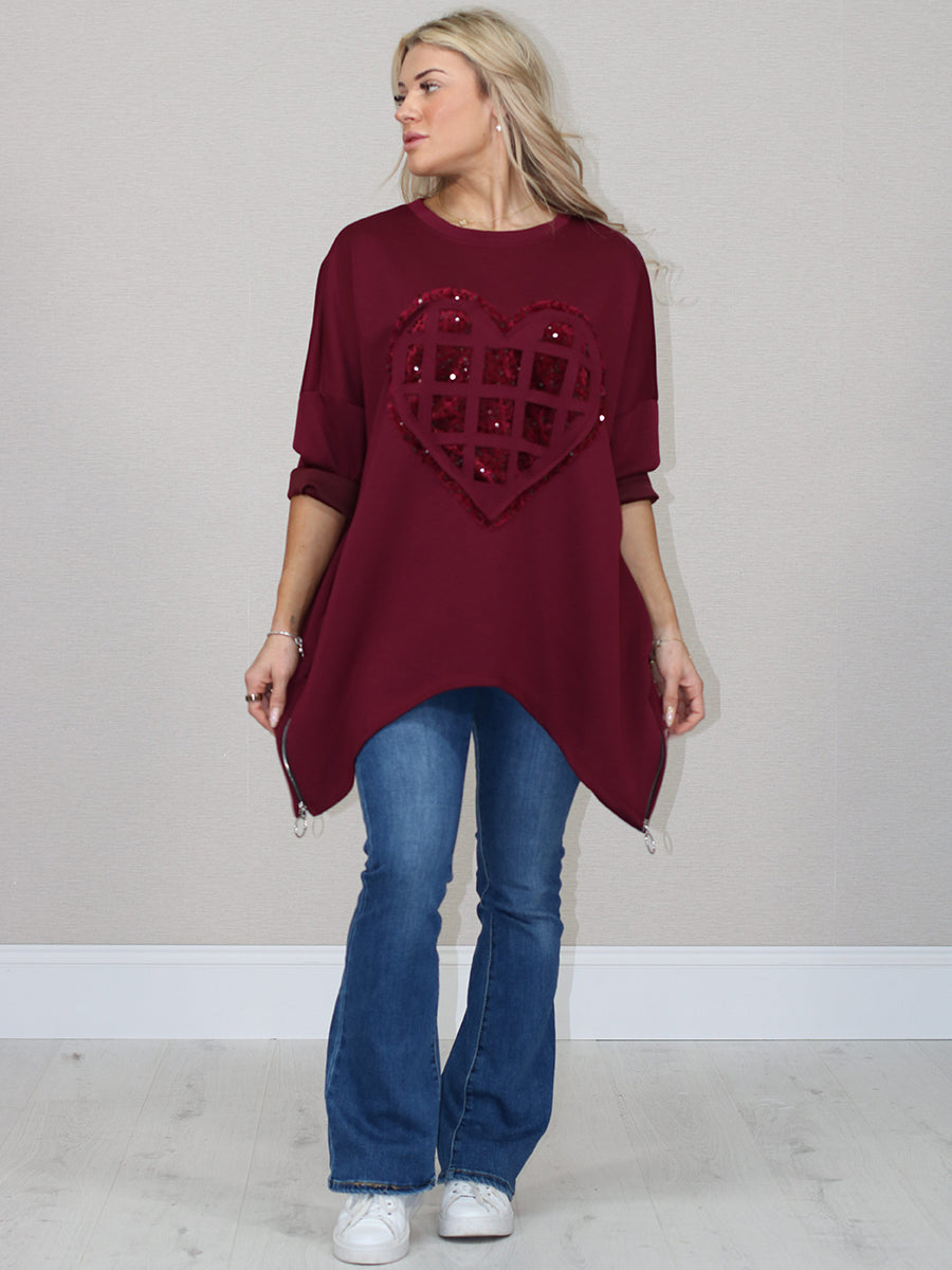 Sequin Ripped Heart Oversized Baggy T-Shirt