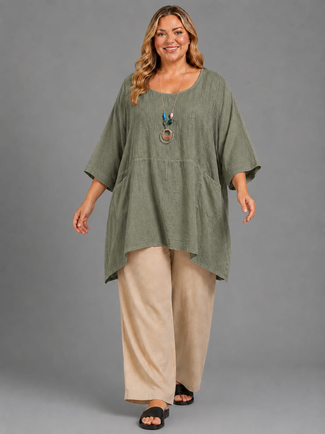 Plus Size Cotton Tunic Top Khaki
