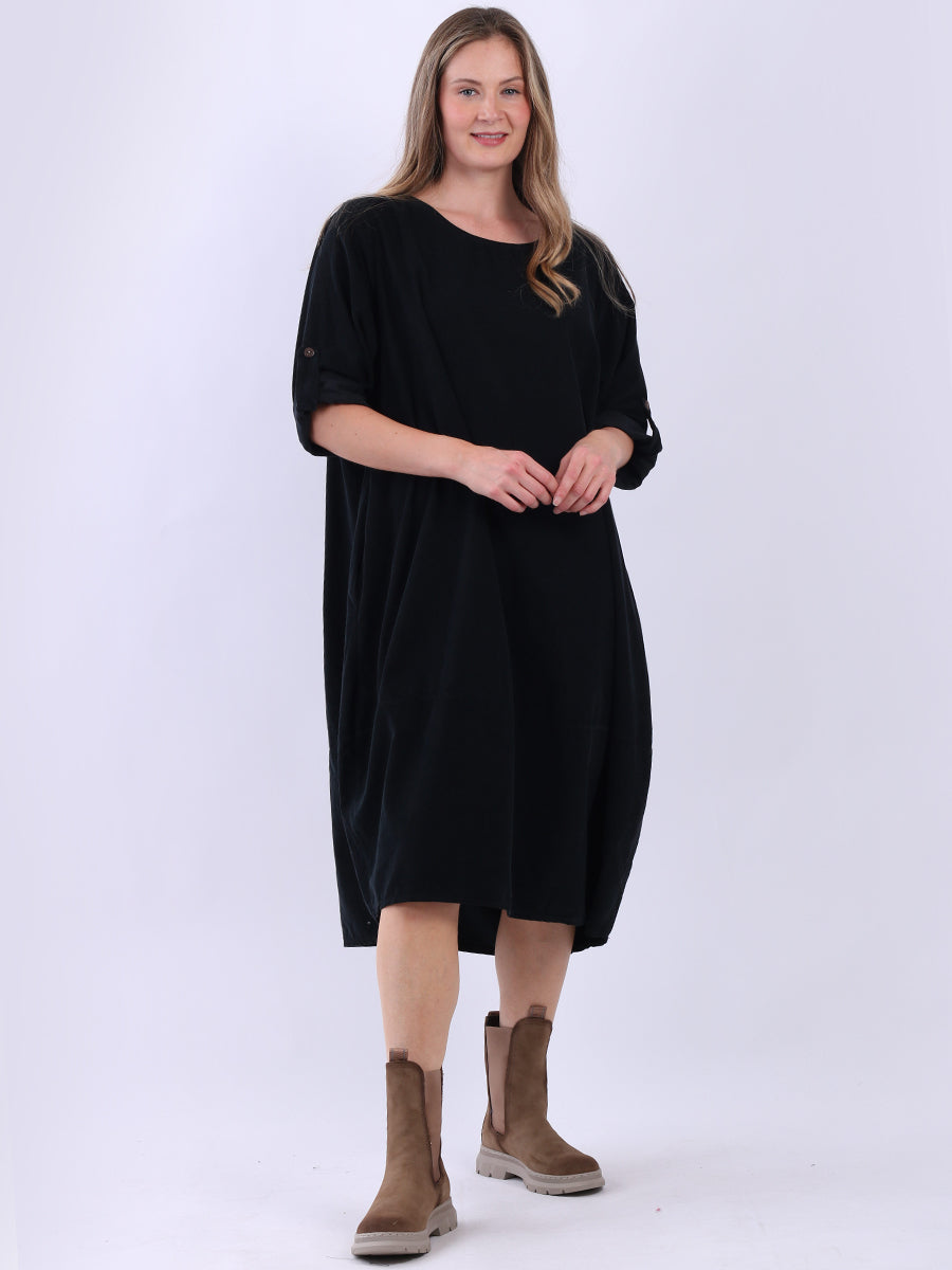 Plus Size Plain Cotton Corduroy Midi Dress One Size UK Fit 12 18 Black